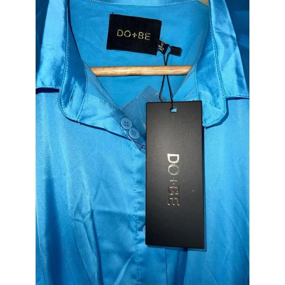 NEW DO + BE Blue satin collar dress tie front ruched mini party size MEDIUM - Picture 8 of 10